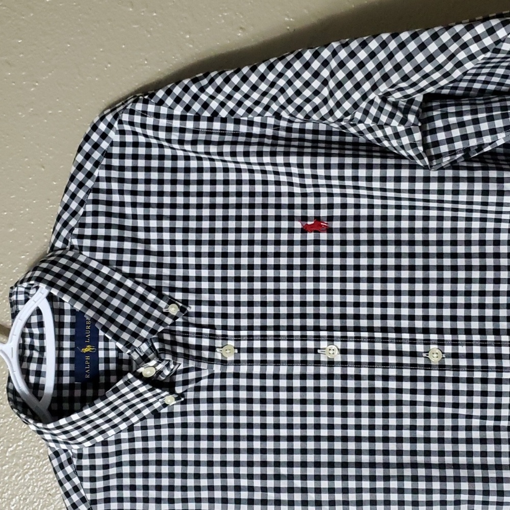 POLO Ralph Lauren Size Large Button Down Shirt Black White Check Red Pony